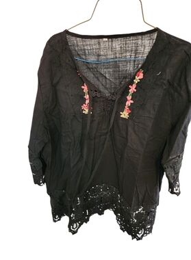 Black Embroidered V-Neck Women’s Top